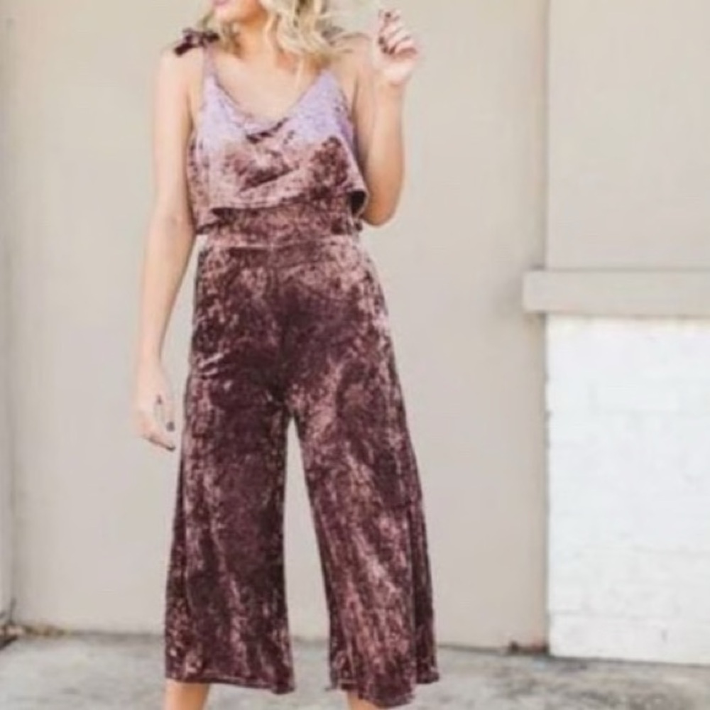 Very J Velvet Belted Tie Strap Jumpsuit